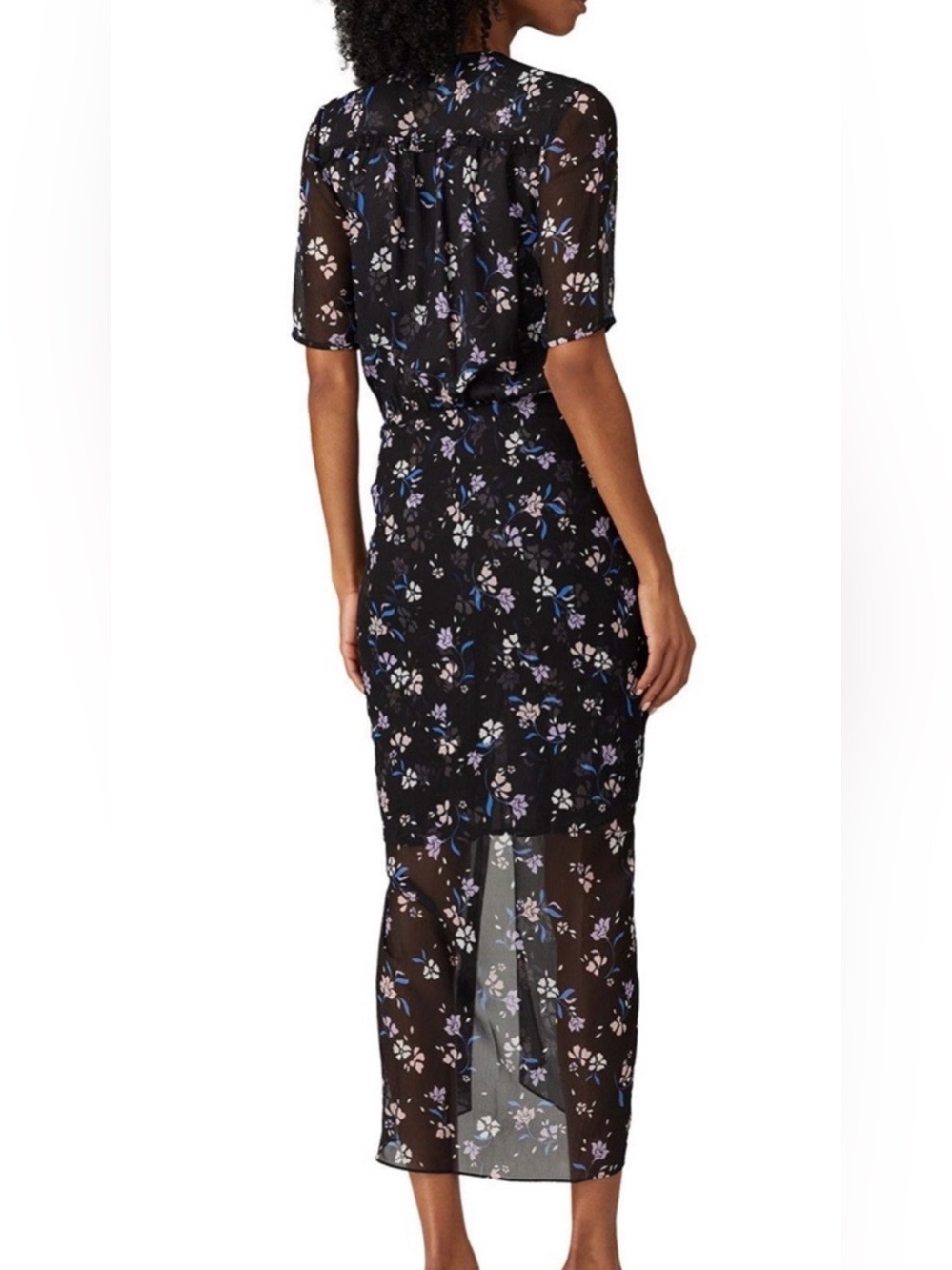 Veronica Beard Silk Mariposa Black Floral Semi Sheer Ruched Midi Dress Sz 8 - Picture 2 of 14